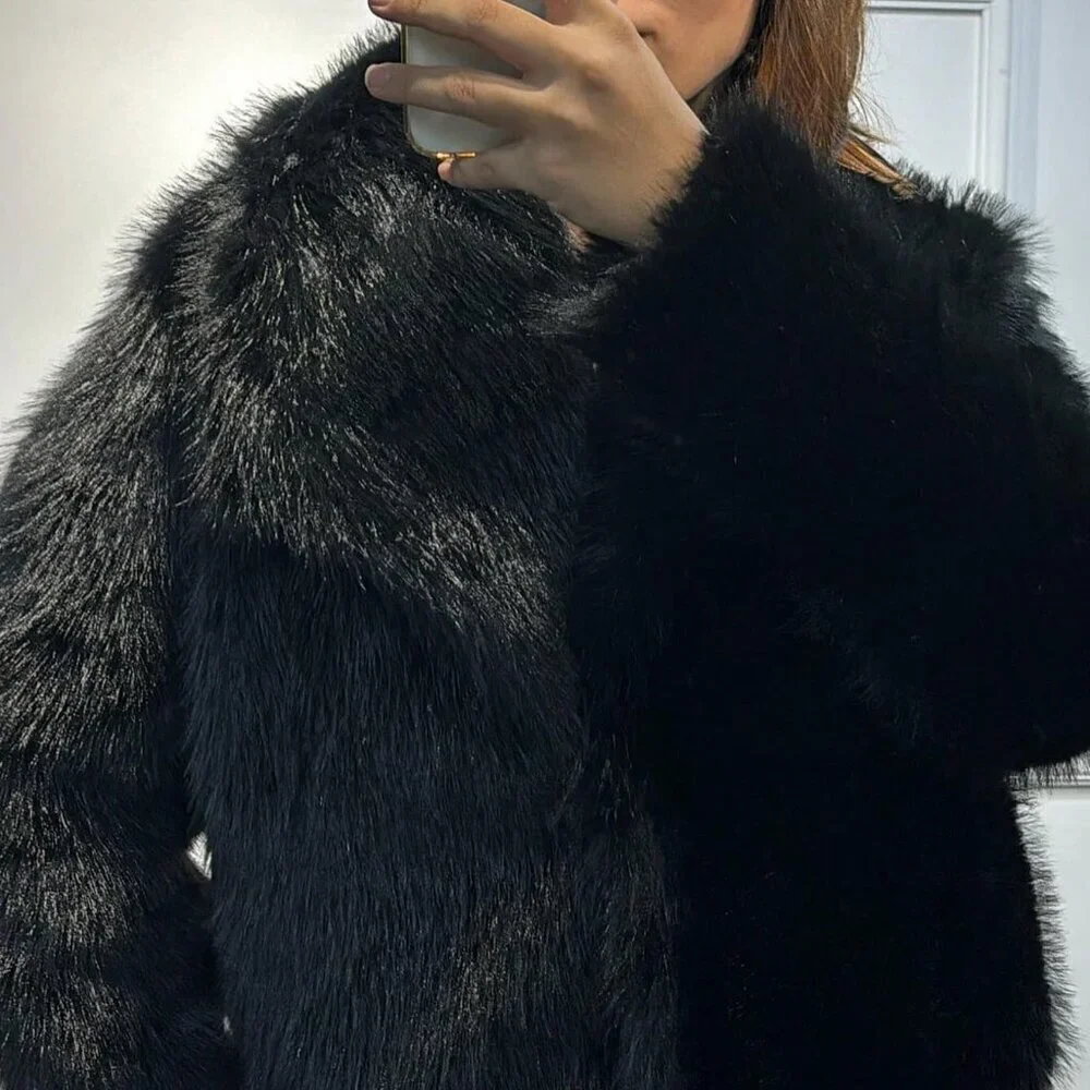 Black Preppy Women's Casual Luxury Faux Fur Coat